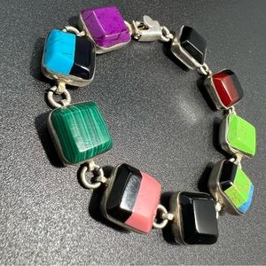 Vintage Sterling Silver Layered Stone Inlay Square Link Bracelet 925 Taxco TT-18